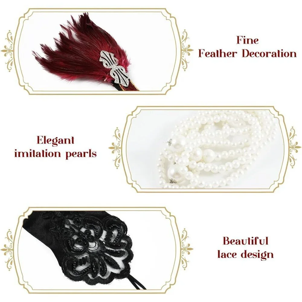 1920s Flapper Accessories Set Pearl Necklace Gloves Feather Headband